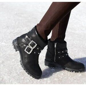 ROSS & SNOW Stefana Black Camo Leather Moto Boot Shearling Italy Size US 7